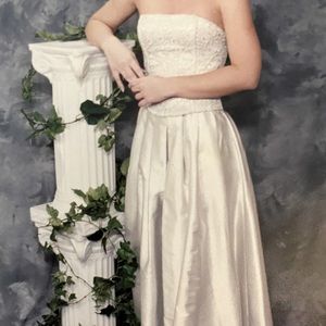 Scott McClintock Silver Strapless Lace Bodice Gown